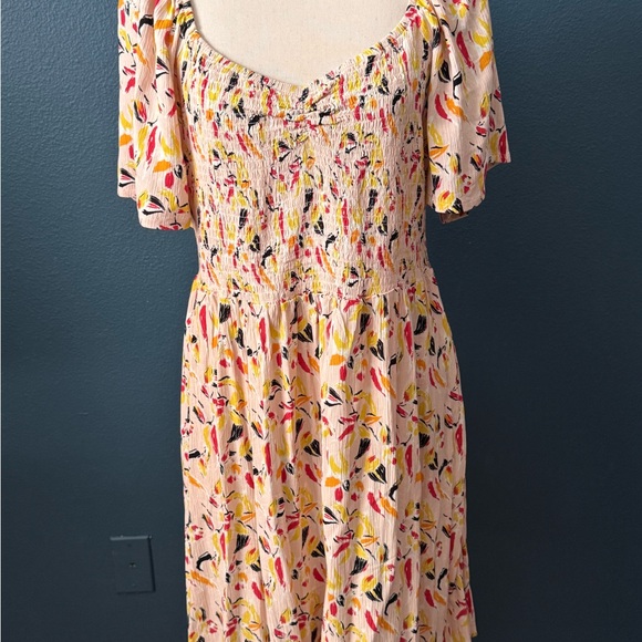 Market & Spruce Dresses & Skirts - Market & Spruce Pink Floral Smocked Midi Dress with Yellow & Black Accents